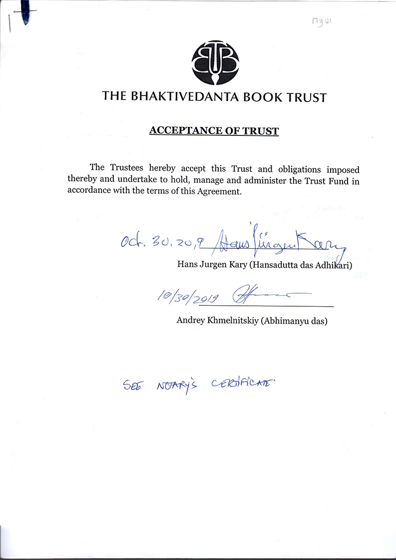 Acceptance of TRUST (Hansadutta and Abhimanyu)