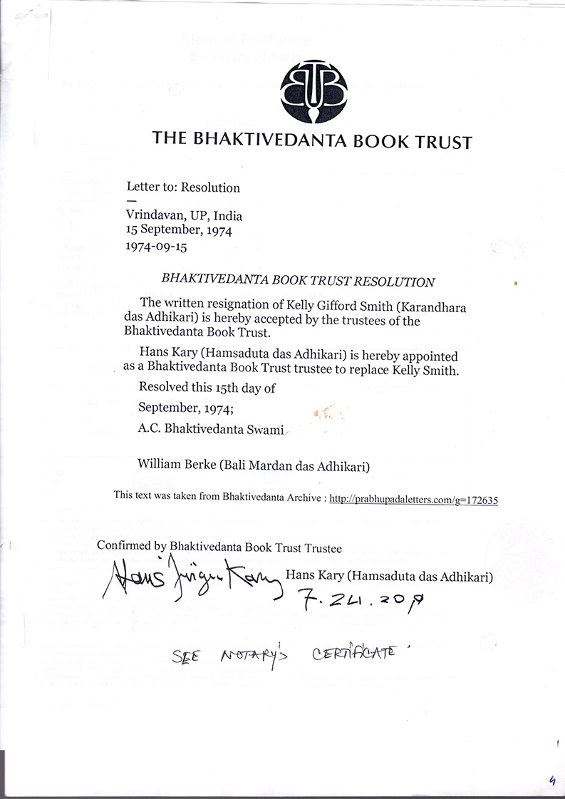 BBT Resolution 19740915-01 (on the appointment of Hansadutta)