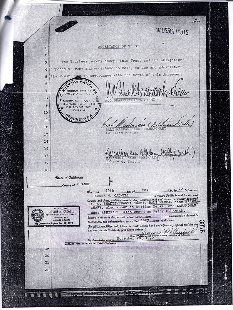 Acceptance of TRUST (Prabhupada and Bali Mardan and Karandhara)